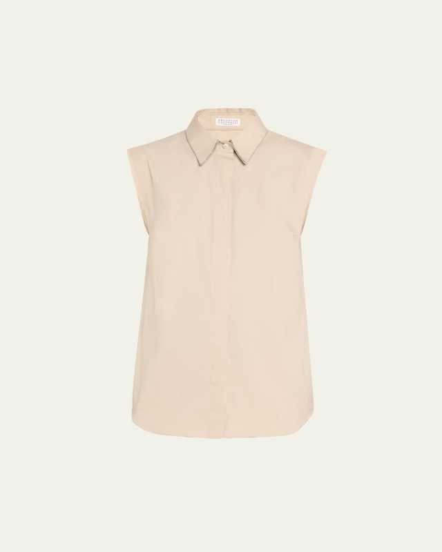Monili Collar Sleeveless Cotton Poplin Top